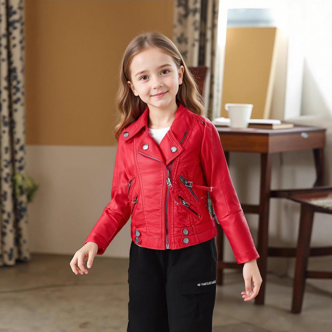 Streetwear Brand Red Logo - Jaket Kulit PU Anak-Anak Motif Motor